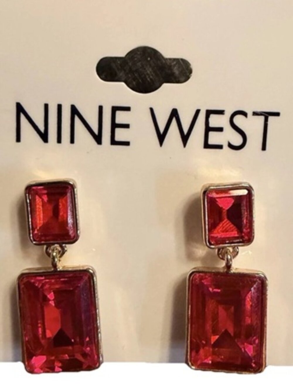 NINE WEST Mod/Contemporary Gold Rectangle Ruby Red Crystal Drop Earrings**NEW!